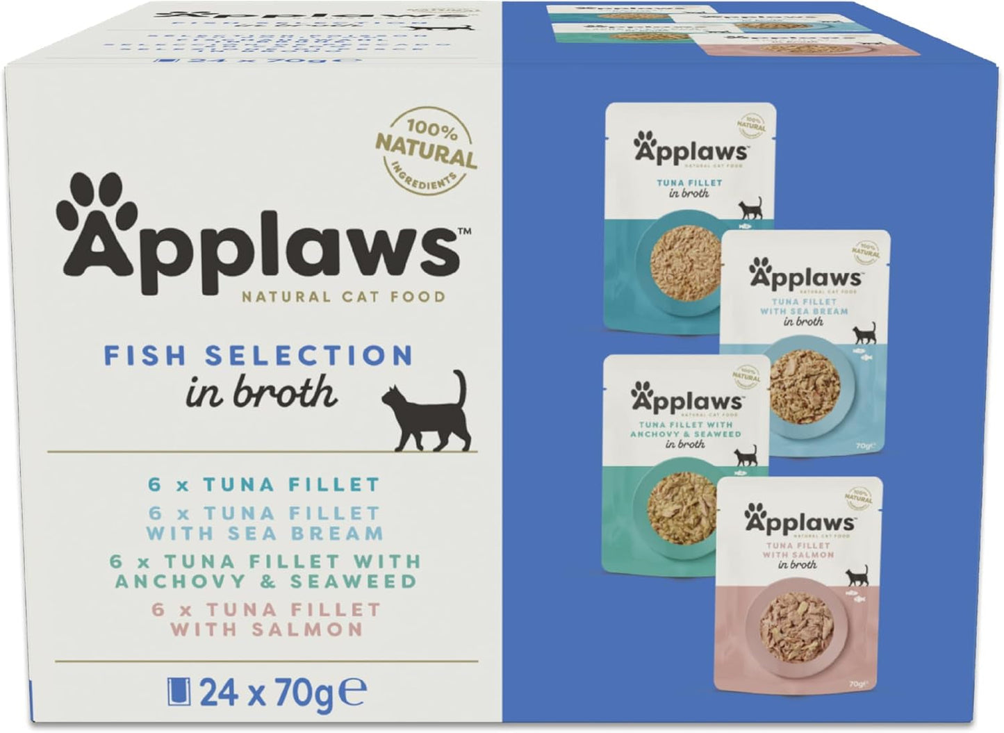 Applaws 100 % naturligt våd kattefoder Fiskeposer i bouillon - pakke med 24 poser x 70 g