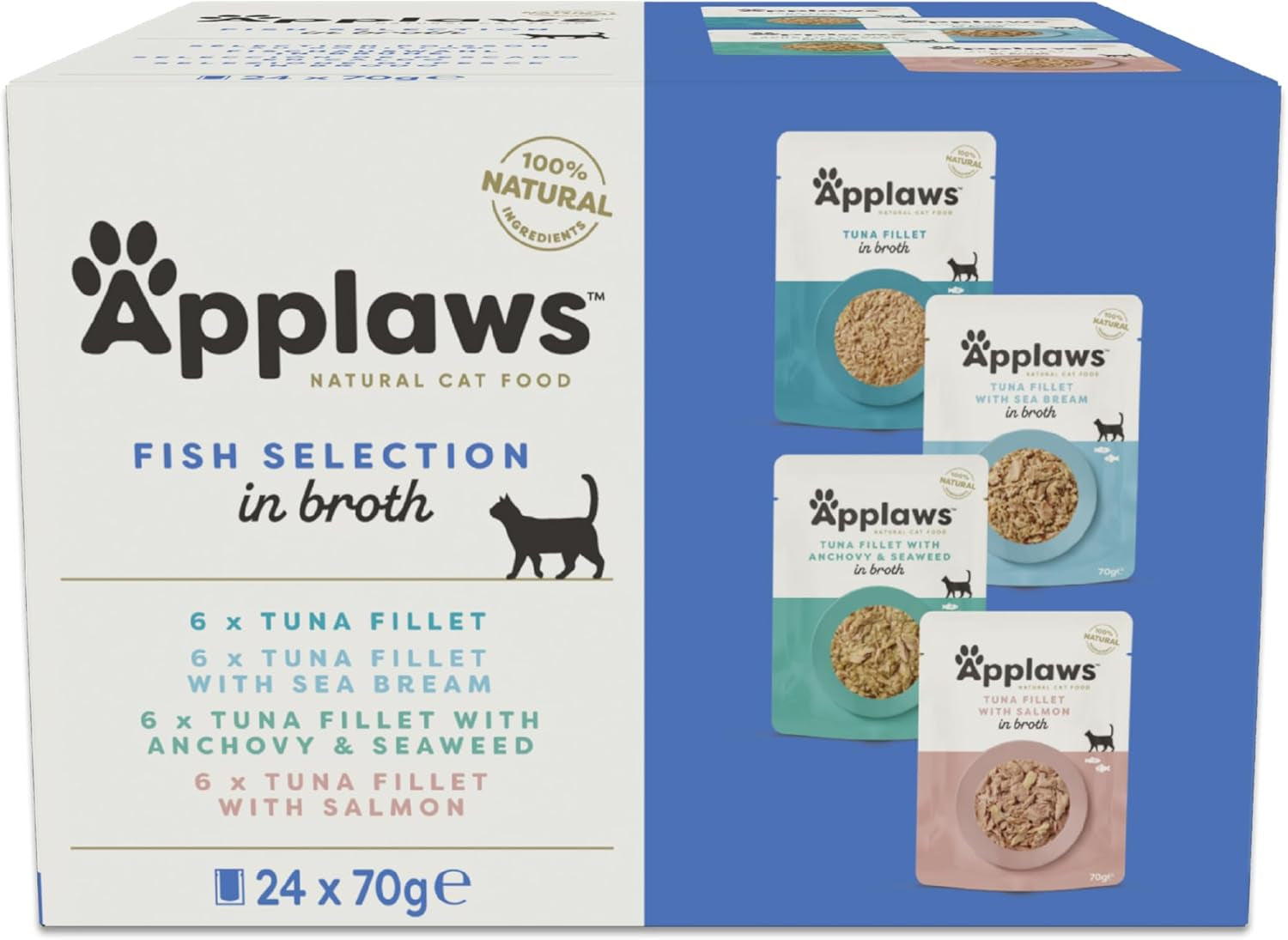 Applaws 100 % naturligt våd kattefoder Fiskeposer i bouillon - pakke med 24 poser x 70 g