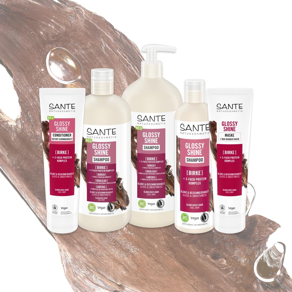 SANTE Naturkosmetik Glossy Shine Mask økologisk birkebladsekstrakt + 3x proteinkompleks, silikonefri og fugtgivende hårmaske, vegansk hårpleje for mere glans og smidighed, 150 ml Naty Shop Hair Mask