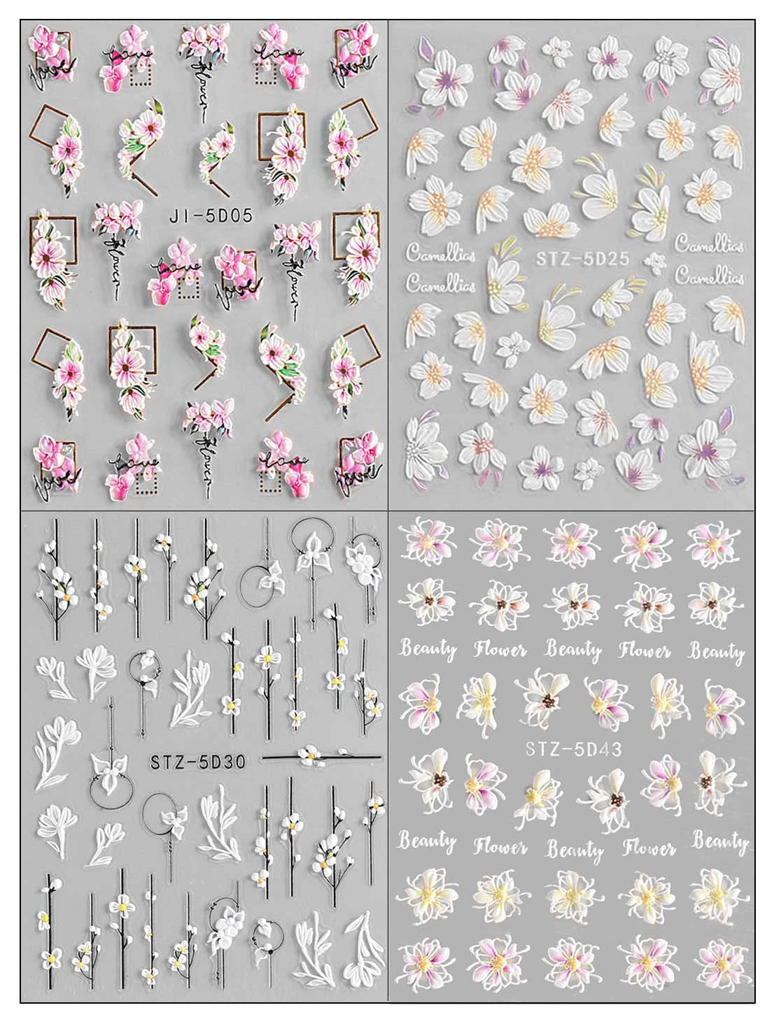 JMEOWIO 3D Nagelsticker Frühling Blume Nail Art Sticker Selbstklebend Nagelaufkleber 5D Stereoskopisk Blumen Dekoration Nageldesign Tilbehør 4 Blatt