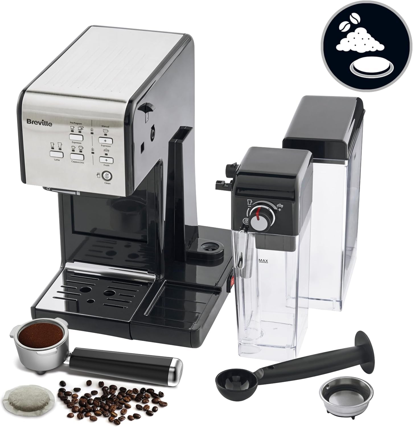 Espresso Breville Prima Latte II | Latte og cappuccino maskine | Professionel pumpe med 15 bar og mælkeskummer | Sølv [VCF108X]