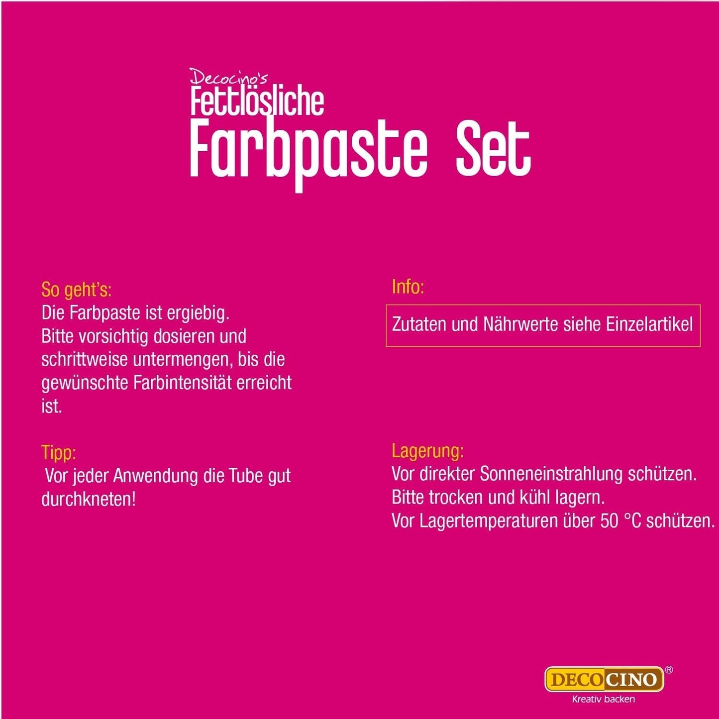 Decocino Fedtopløselig farvepasta Sæt med 6 - 6 x 15 g - Madfarve i rød, hvid, grøn, gul, blå og sort, ideel til farvning af kager, fondant og cremer - Azo- og glutenfri