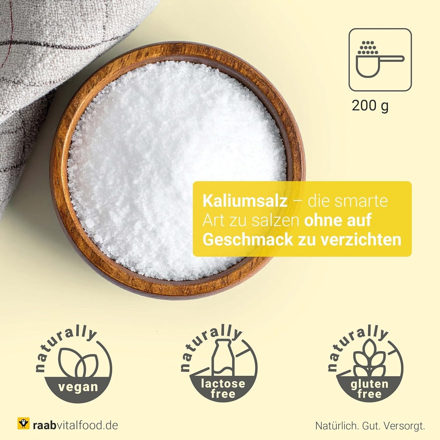 Raab Vitalfood Kalium salt-Mischung, Mineralsalzmischung med 66,7% Natriumchlorid (Kochsalz) og 33% Kaliumchlorid, Kalium trægt zur Aufrechterhaltung eines normalen Blutdruck bei (1 x 200 g dosis)