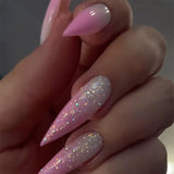 Moonglow Lange Negle Stiletto Mælkehvid Pink Gradient Glitter Cool falske negle med lim Pink Ombre Glitter Kunstige negle