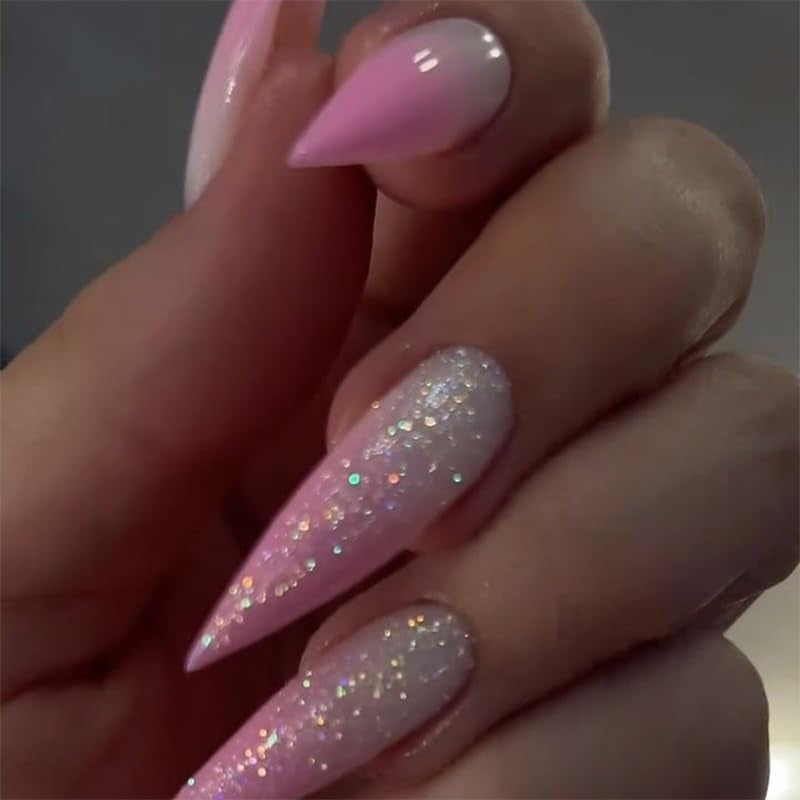 Moonglow Lange Negle Stiletto Mælkehvid Pink Gradient Glitter Cool falske negle med lim Pink Ombre Glitter Kunstige negle