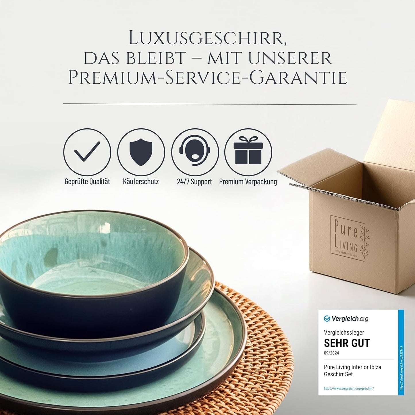 24-delt keramisk stentøjsstel til 6, Ibiza-design, TESTVINDER. Et lækkert middelhavsservicesæt med skåle og tallerkener. Pure Living servicesæt, salviegrøn.