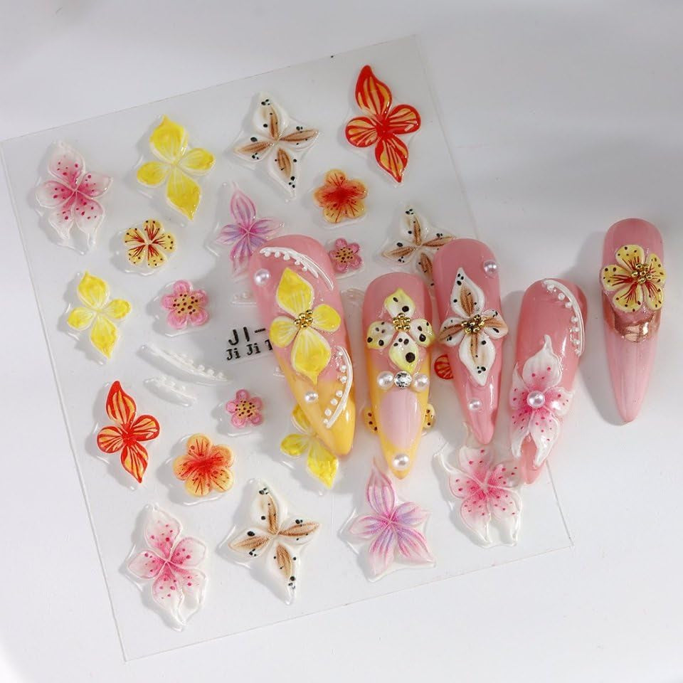 JMEOWIO 3D Nagelsticker Farverig Flower Nail Art Sticker Selbstklebend Nagelaufkleber 5D Stereoskopisk Forår Sommer Blomsterdekoration Nageldesign Tilbehør 4 Blatt