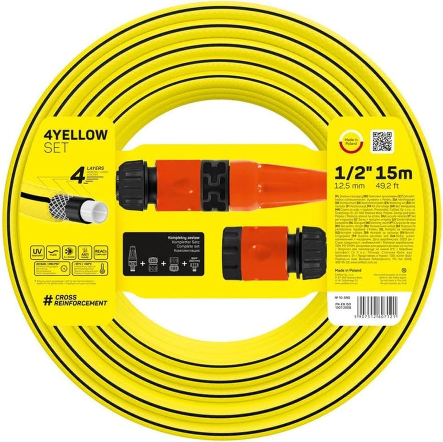 Haveslange Cellfast GUL, letvægts, holdbar, 4-lags, med sprinkler, UV- og algebestandig, vridningsbestandig, REACH-teknologi, 20 bar, -10/+50°C, 1/2" lukning, 15m