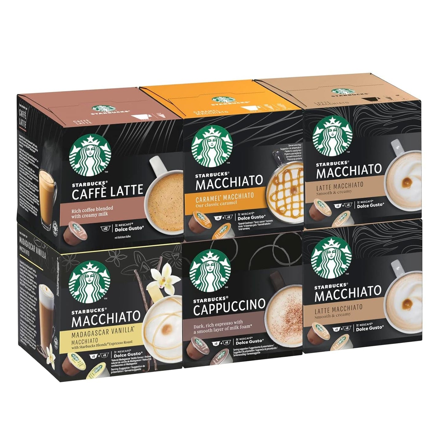 STARBUCKS Probierset, White Cup Variety Pack fra Nescafé Dolce Gusto Kaffeekapseln & Vanilla Macchiato fra Nescafé Dolce Gusto Kaffeekapseln 6 x 12 (72 Kapseln, 36 Portionen)