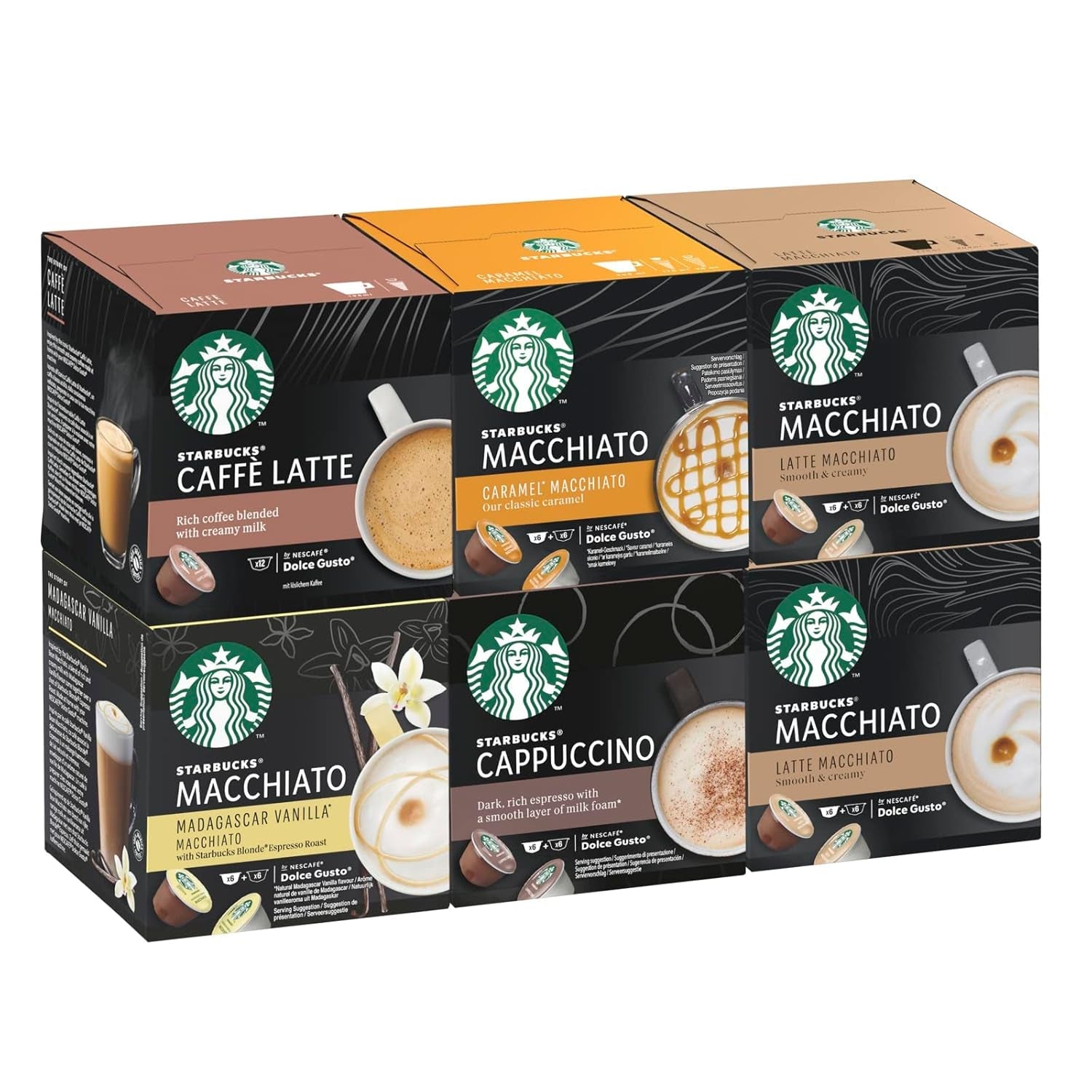 STARBUCKS Probierset, White Cup Variety Pack fra Nescafé Dolce Gusto Kaffeekapseln & Vanilla Macchiato fra Nescafé Dolce Gusto Kaffeekapseln 6 x 12 (72 Kapseln, 36 Portionen)