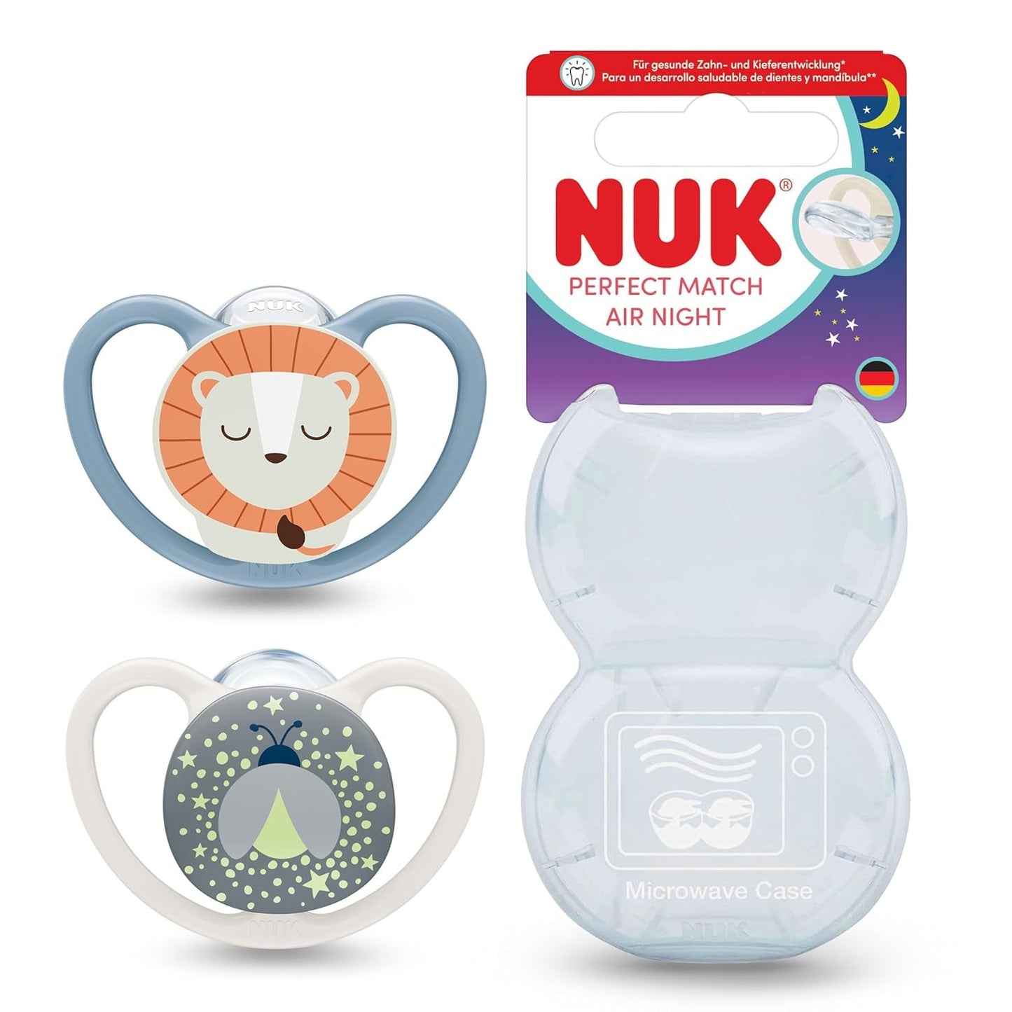NUK Perfect Match Air Natsutter til babyer | 0-6 måneder | Glow-in-the-mørke sutter, der fremmer luftcirkulationen og forhindrer savlen | 95 % accept af babyer** | Løve | Pakke med 2