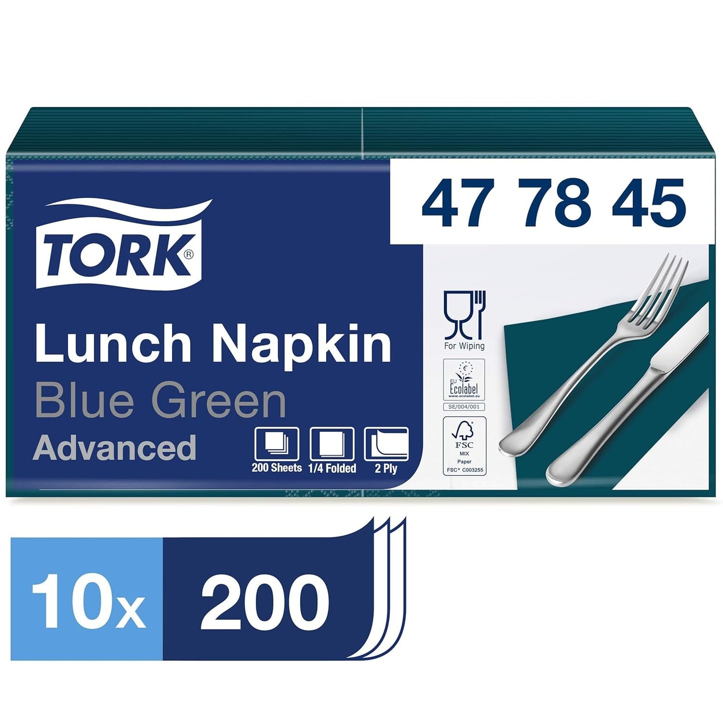 Tork 477840 Lime frokostservietter / 2-lags servietter til små måltider eller snacks / Avanceret kvalitet / 10 X 200 (2000) Papirservietter / 32,6 X 33 cm (L X B) / 1/4 fold