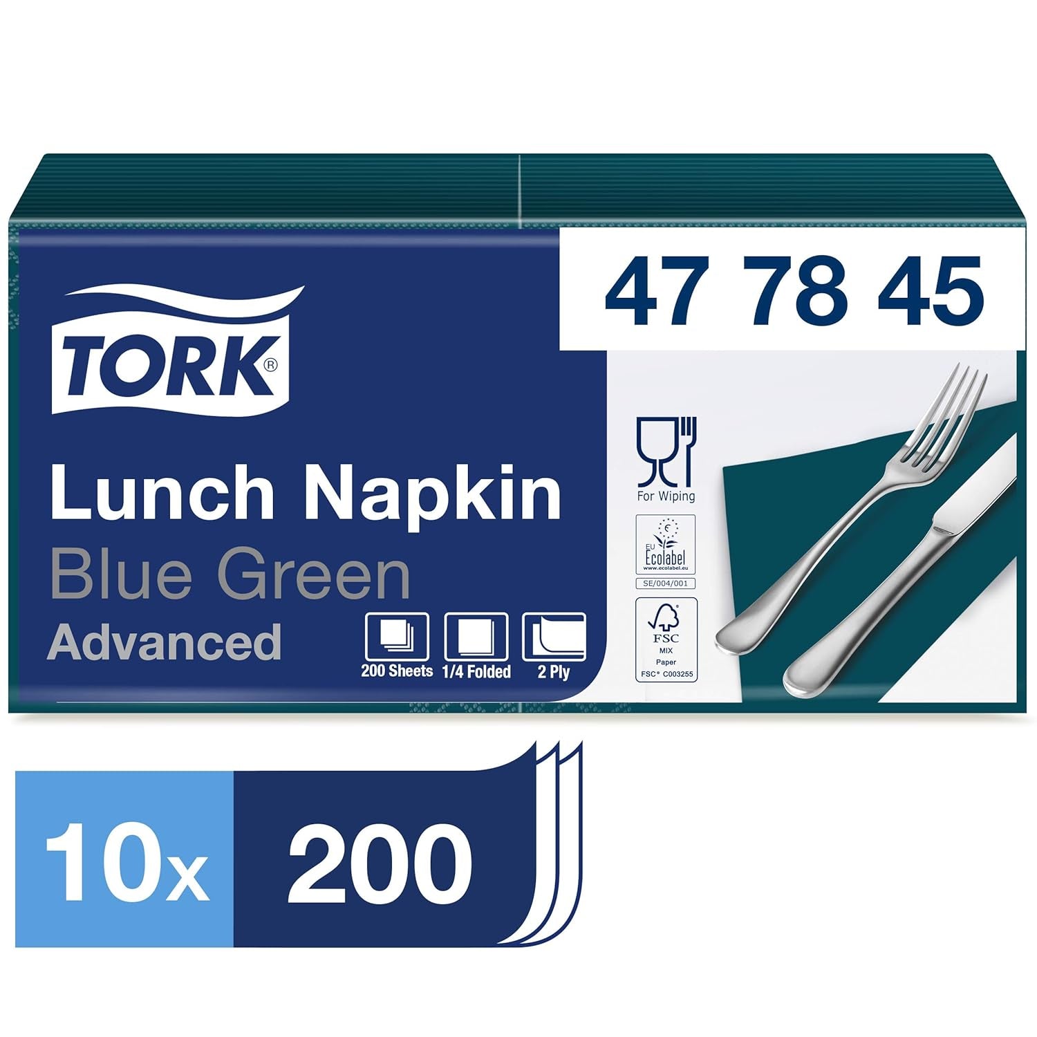 Tork 477840 Lime frokostservietter / 2-lags servietter til små måltider eller snacks / Avanceret kvalitet / 10 X 200 (2000) Papirservietter / 32,6 X 33 cm (L X B) / 1/4 fold