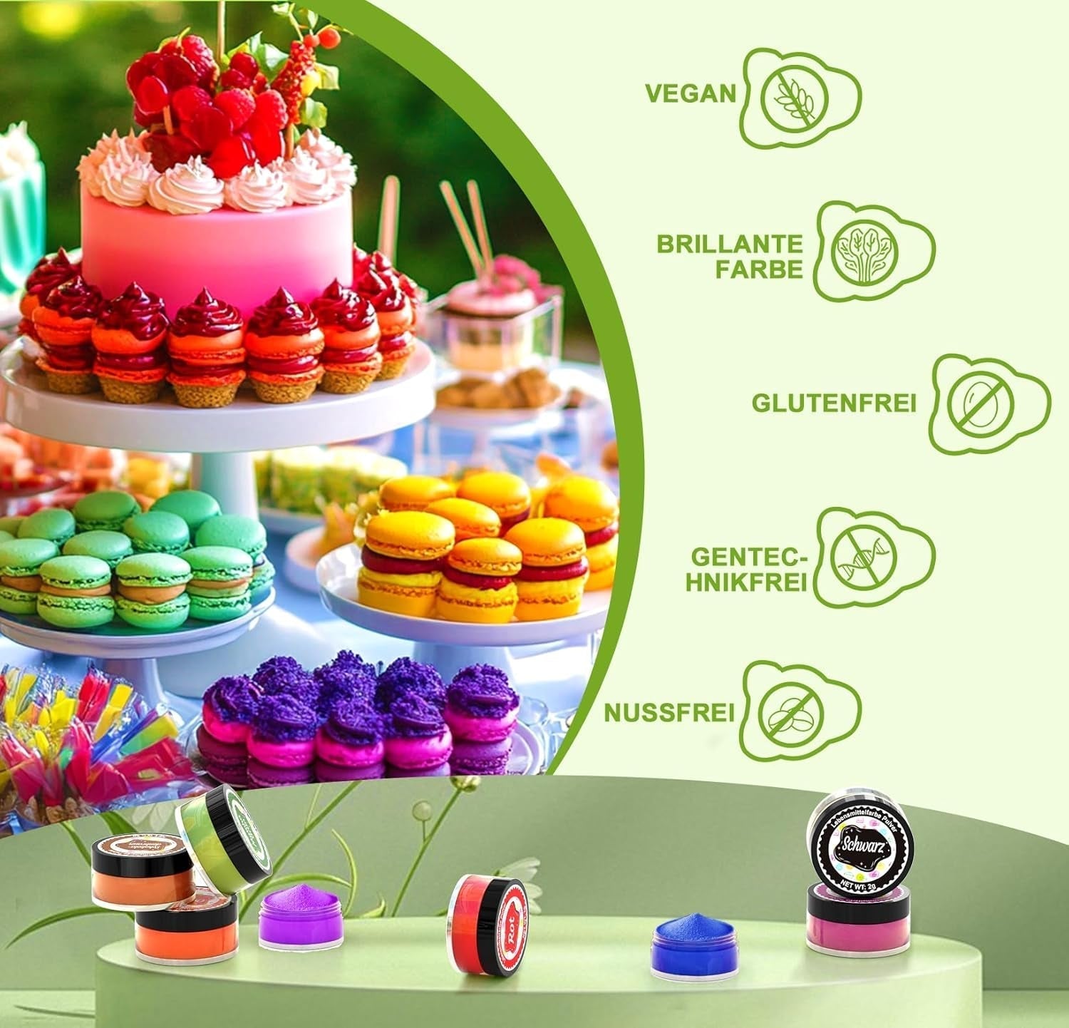 Pulveriseret madfarve - 24 højkoncentreret madfarve Levende madfarve til kager, macarons, fondant, bagning, glasur, smørcreme, småkager - 2 g (hver)