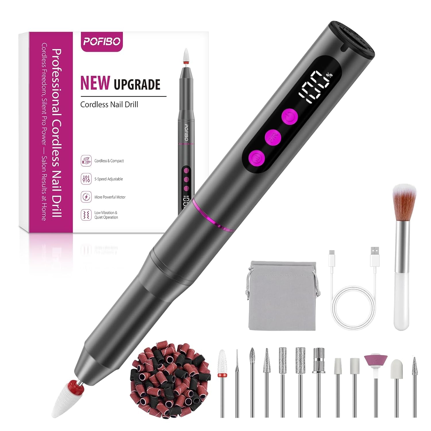 Trådløs elektrisk neglefil - 35000 RPM til gelnegle, 12 i 1 professionel negle- og akrylfil, 5-trins manicure- og pedicuresæt