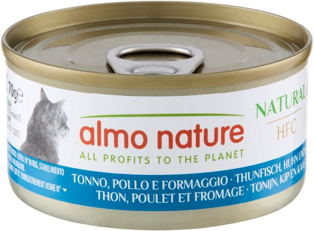 Almo Nature HFC Natural - Vådfoder til voksne katte - Tun, Kylling og Ost - Menneskelig kvalitet, Glutenfri - 6 x 70g
