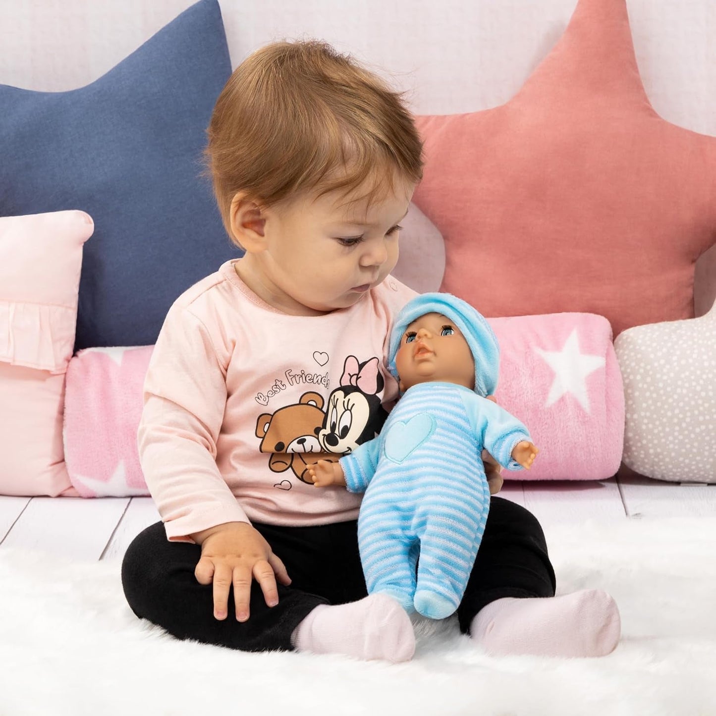 Bayer Design 92802AU My First Baby 28 cm, babydukke, blød kropsdukke med sovende øjne, meget praktisk, sødt outfit, blå med hjerte