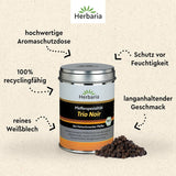 Herbaria Trio Noir bio 75g M-Dose – Bio Pfeffer schwarz ganz – ganze Pfefferbeeren – schwarze Pfeffermischung aus biologiske Anbau af drei forskellige regionale regioner - i nachhaltiger Aromaschutz-Dose