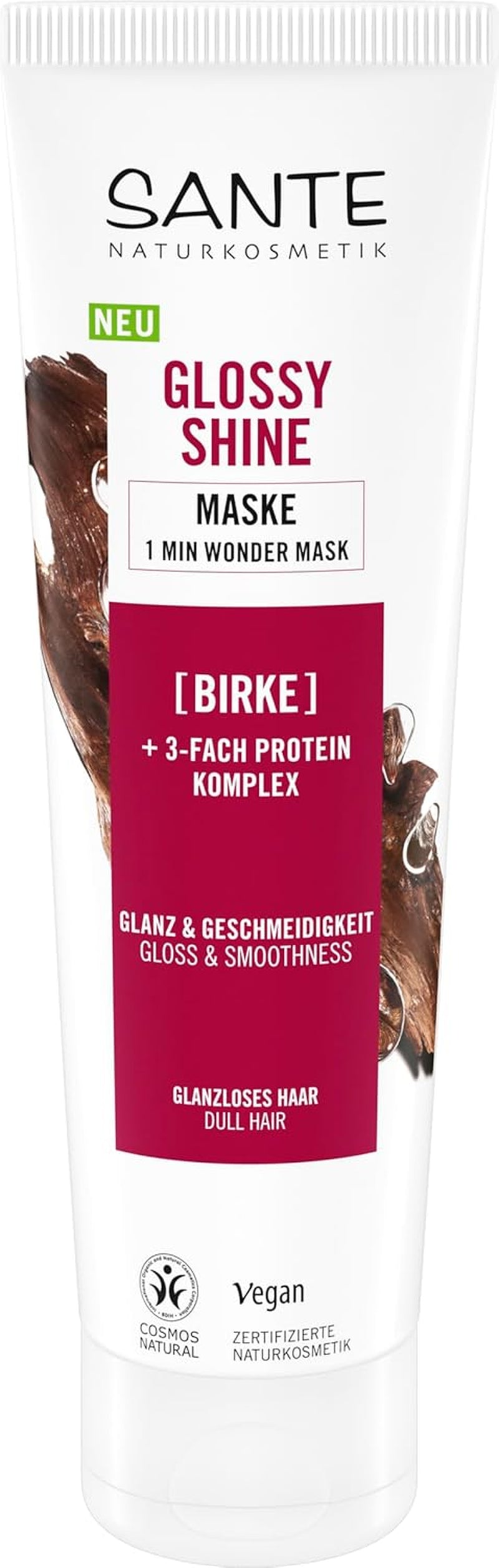 SANTE Naturkosmetik Glossy Shine Mask økologisk birkebladsekstrakt + 3x proteinkompleks, silikonefri og fugtgivende hårmaske, vegansk hårpleje for mere glans og smidighed, 150 ml Hårmaske Naty Shop New