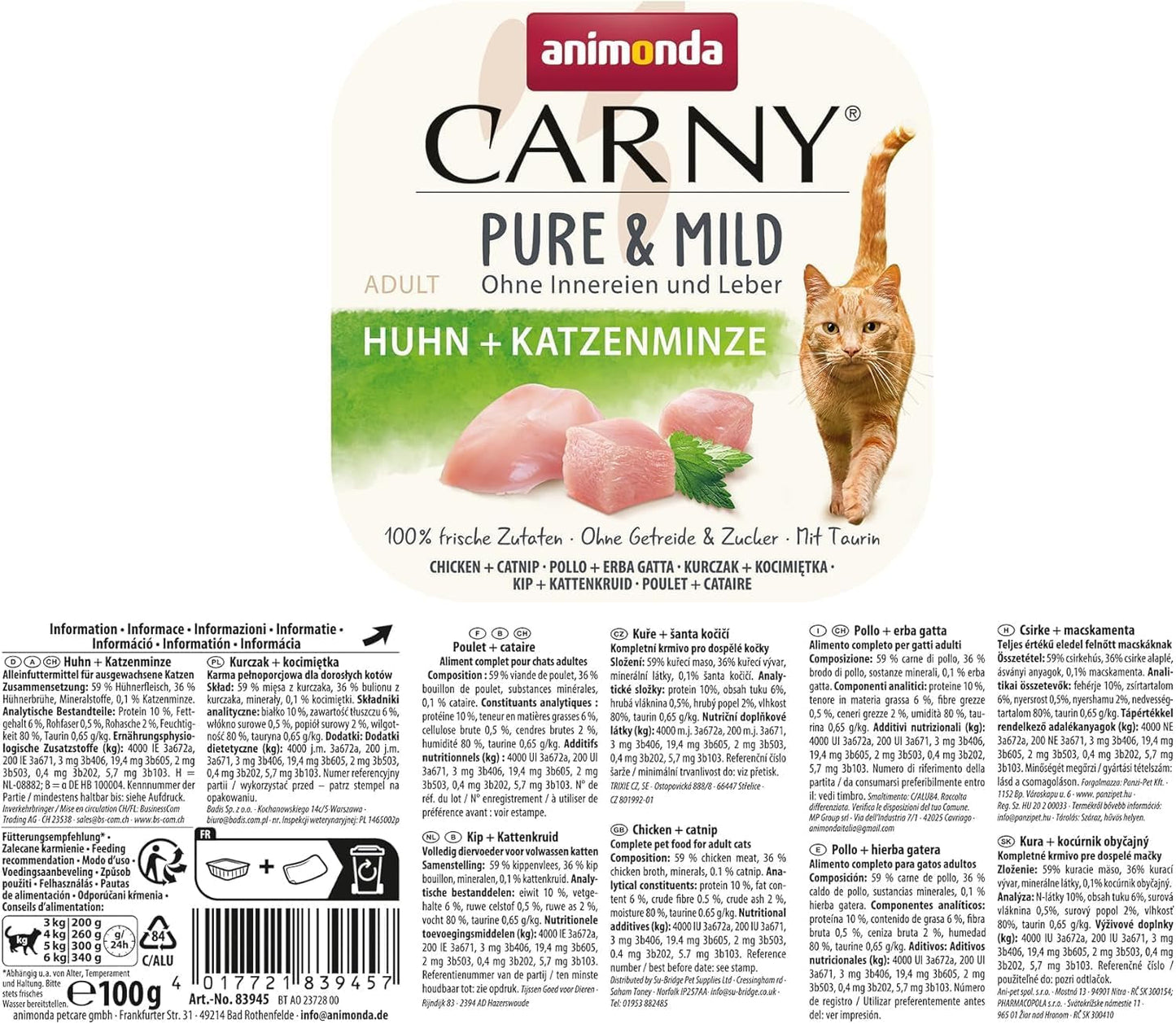 Voksen Pure & Mild våd kattefoder med kylling og katteurt (32 x 100 g), til følsomme katte, kornfri og sukkerfri, letfordøjeligt vådfoder med kylling