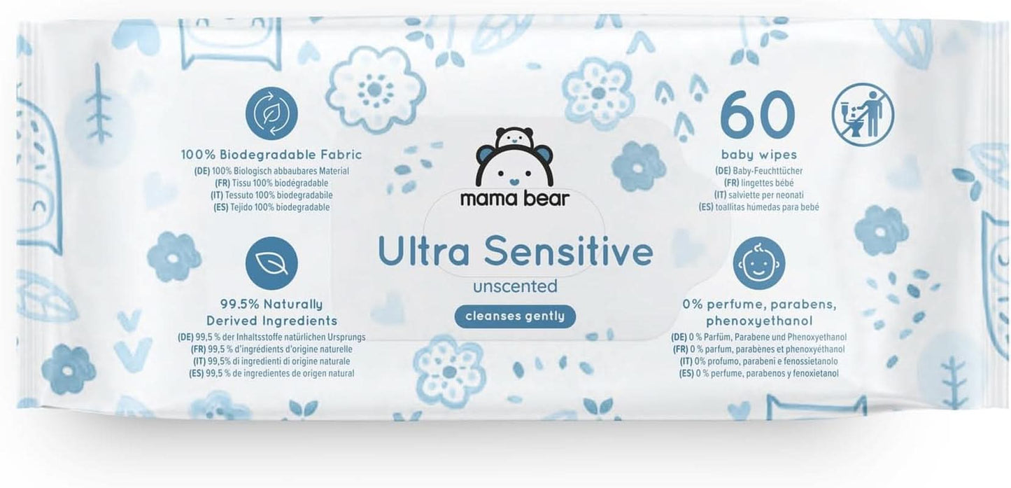 Mama Bear Ultra Sensitive Baby Wipes Duftfri 1008 Antal (18 pakker af 60) Naty Shop