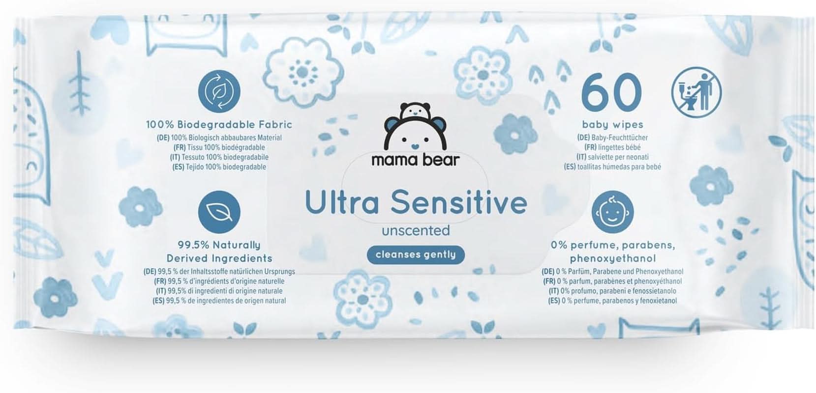 Mama Bear Ultra Sensitive Baby Wipes Duftfri 1008 Antal (18 pakker af 60) Naty Shop