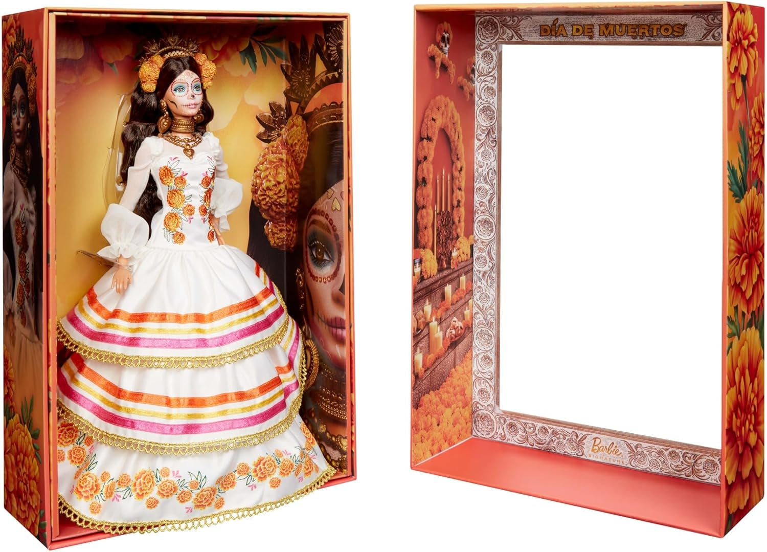 Barbie Signature Day of the Dead 2025 dukke-samlerfigur i cremefarvet kjole med flæser, morgenfruer og sløjfer, blomsterkrone i hår og Calavera-ansigtsmaling, JBJ05
