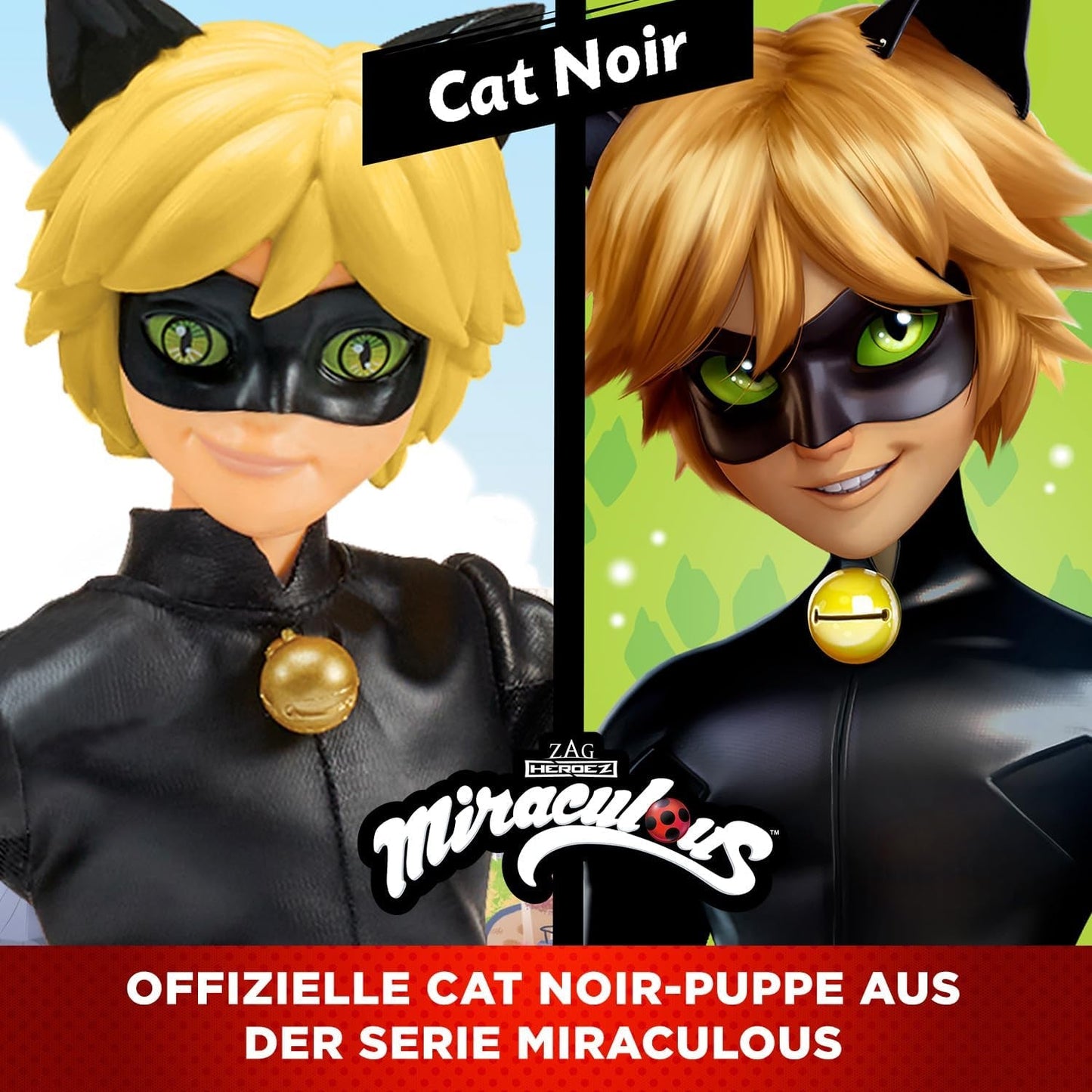 BANDAI - Miraculous Mariehøne - 26 cm Mannequin Doll - Motan Noir - Officielt licenseret Miraculous - Motan Noir Artikuleret Dukke - Legetøj fra 4 år og opefter - P50002