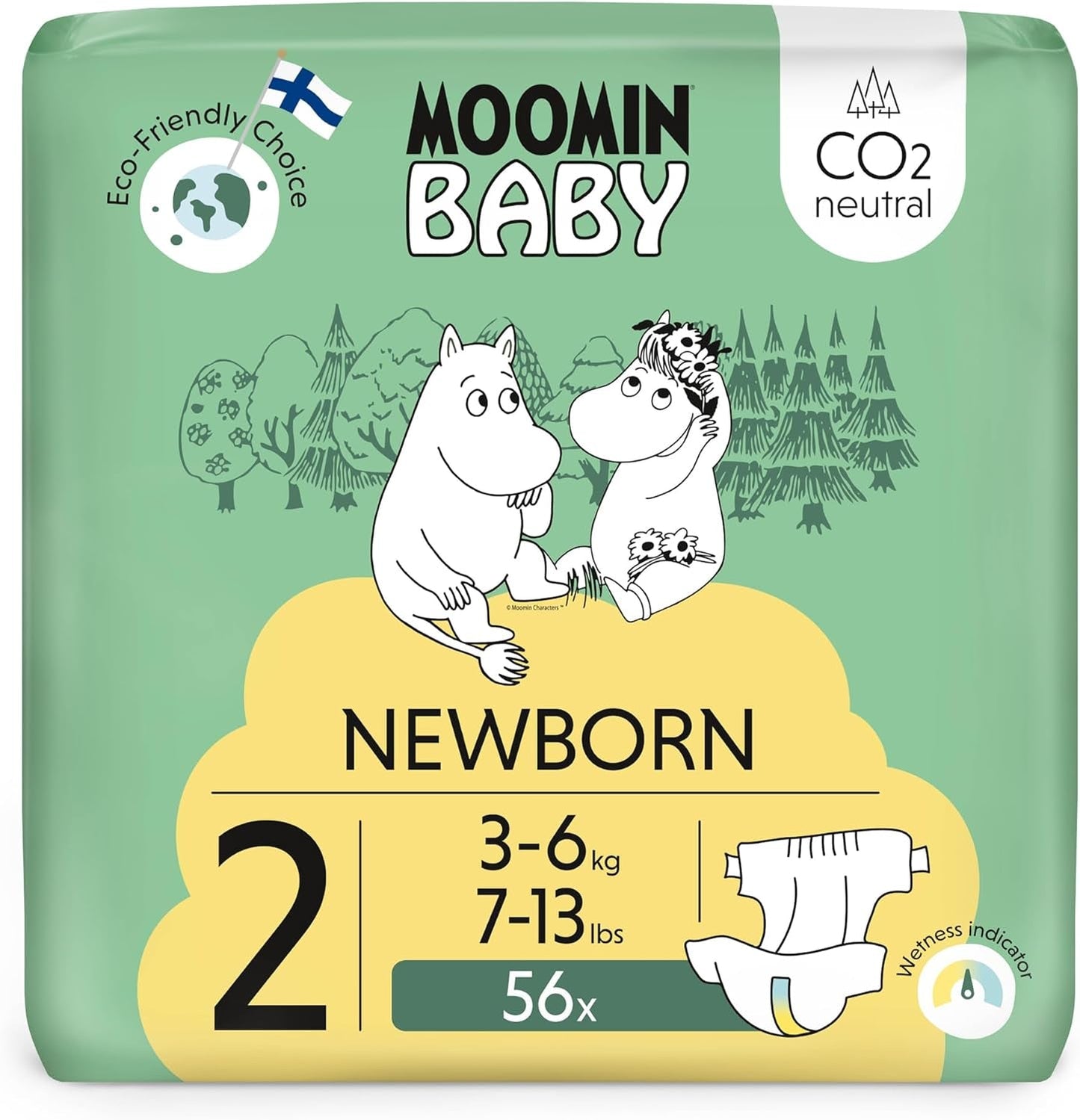Moomin Baby Eco bleer, str. 3, 5-8 kg, 48 stykker, Premium bløde bleer | Blød og hudvenlig, åndbar, absorberende, ingen unødvendige kemikalier |