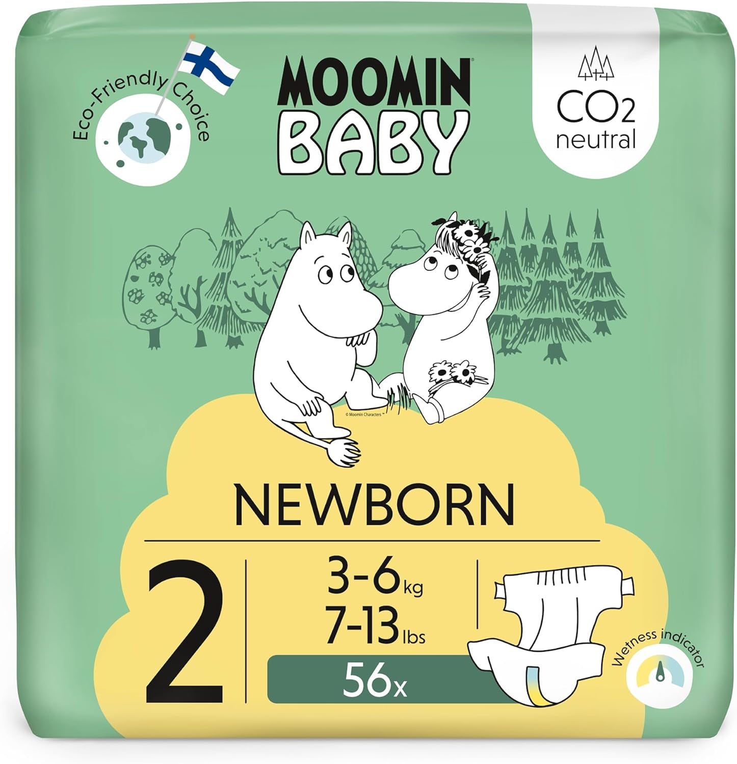 Moomin Baby Eco bleer, str. 3, 5-8 kg, 48 stykker, Premium bløde bleer | Blød og hudvenlig, åndbar, absorberende, ingen unødvendige kemikalier |
