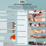 Nail Art Dekorationen & Nagelpinsel Sæt, Nageldesign Zubehör, Nagelset 5 Stk 2 Wege Punktierung Stift, 15 Malerei Polnisch Pinsel Sæt, 10 Streifenband, 4 Boxen Bunte Nagel Rhinestones Dekoration
