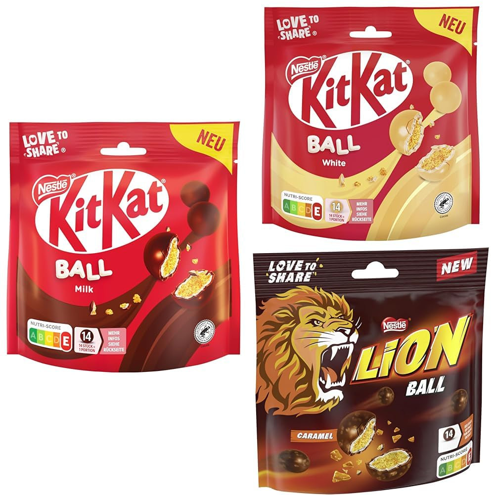 Pakke Nestlé-kugler med mælk, hvid, karamelløve (3 x 130 g)