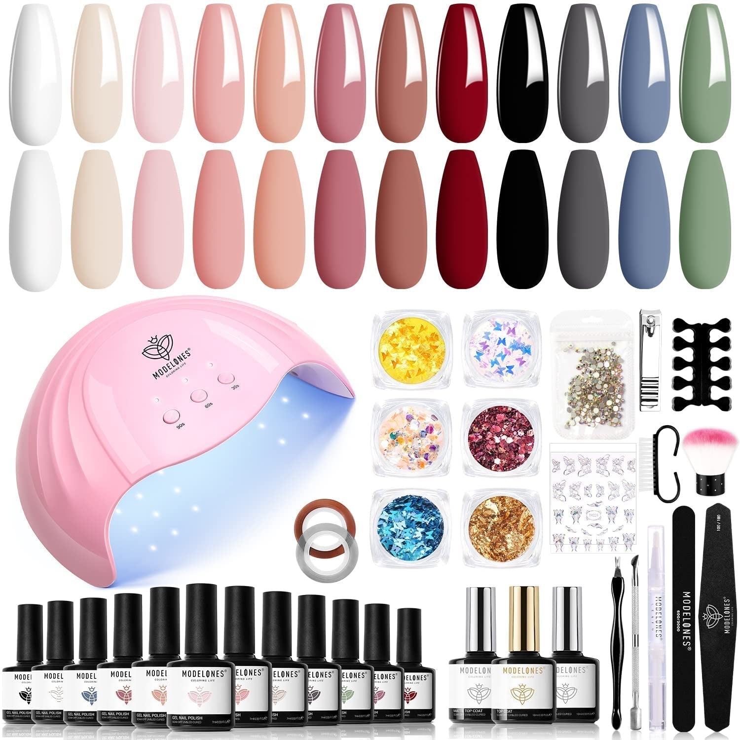 Modelones 35 stk Gel neglelak sæt, UV neglelak sæt med 48W lampe, nøgen brun hvid pink gel neglelak sæt, UV gel negle lak sæt med top coat base negle studio sæt