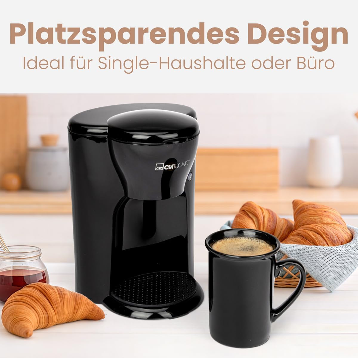 Clatronic® 1-kops kaffemaskine | Perfekt espressomaskine til enlige | Espressomaskine med filter, inklusive keramisk kop | Lille espressomaskine med filter, ideel til rejser | KA 3356
