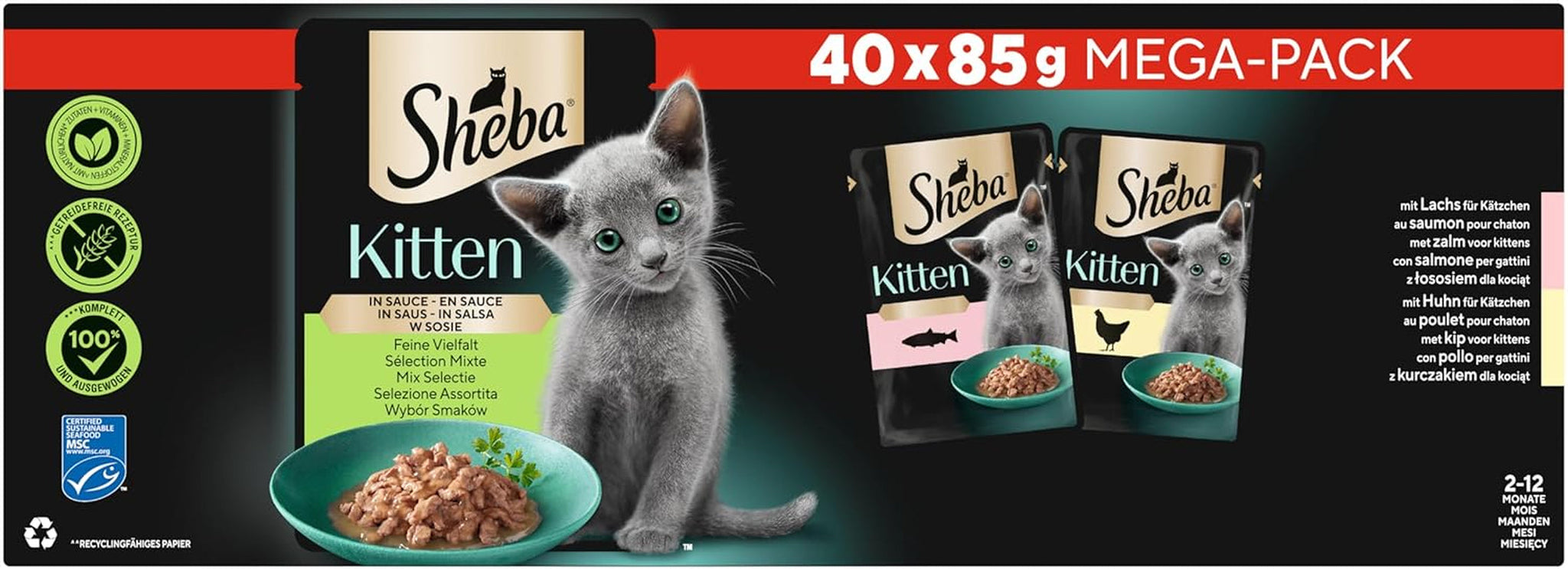 Sheba vådfoder til killinger, i diverse poser, med laks (MSC) og kylling i sauce, multipak 40x85g