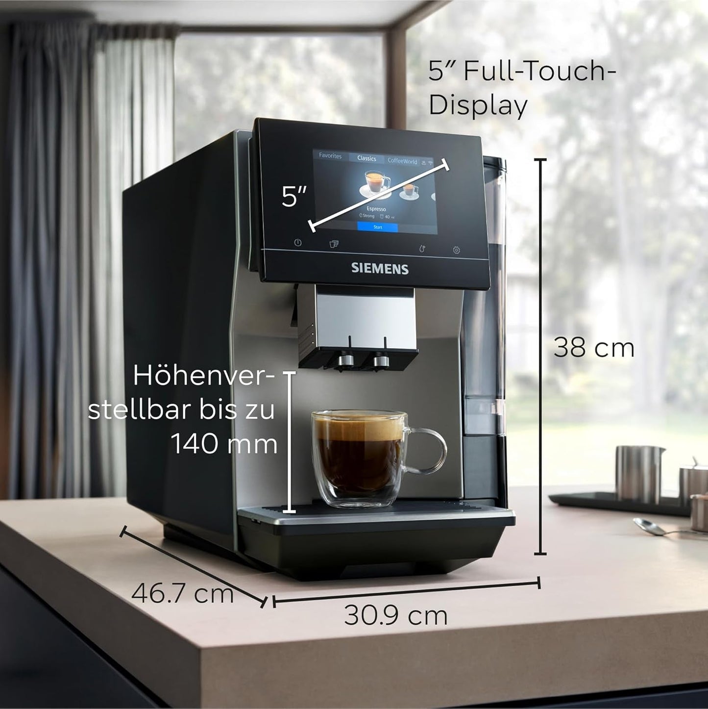 Automatisk espressomaskine Siemens EQ700 classic TP715D01, app-kontrol, koldbryggning, intuitiv touch-display, op til 10 individuelle kaffekreationer som favoritter, automatisk damprensning, 1500 W, sølvgrå