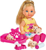 Simba 105733041 - Evi Love Puppy Love med TRE hvalpe, med hundehus og tilbehør, modedukke, 12 cm, til børn i alderen 3+