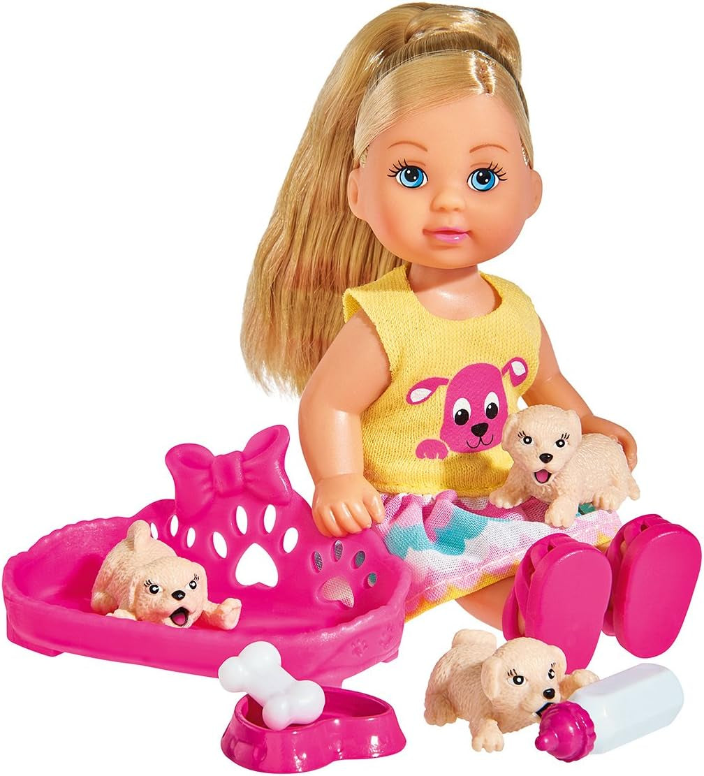 Simba 105733041 - Evi Love Puppy Love med TRE hvalpe, med hundehus og tilbehør, modedukke, 12 cm, til børn i alderen 3+