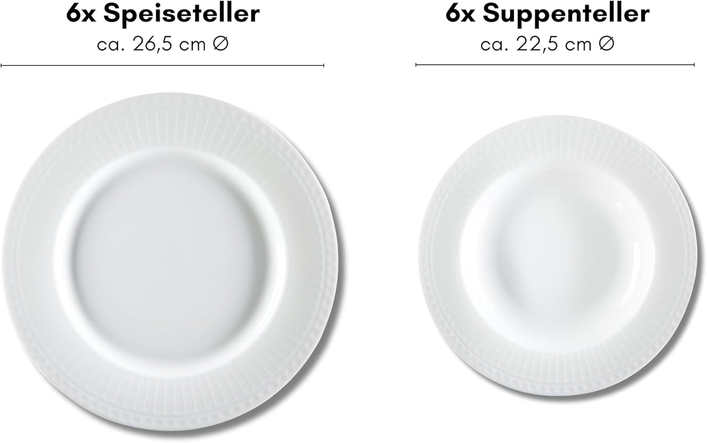 Ritzenhoff & Breker Sofia Tafelservice 12-teilig, Speiseteller (26 cm) og Suppenteller (22 cm) til 6 personer, Tafel-Set mit feinem Rillenrelief, Fine-Dining-Geschirr, Porzellan, Weiß