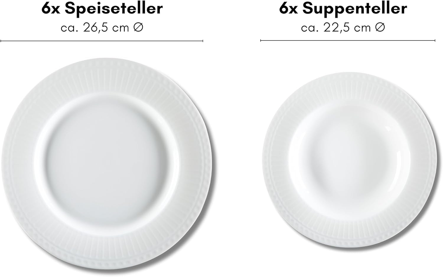Ritzenhoff & Breker Sofia Tafelservice 12-teilig, Speiseteller (26 cm) og Suppenteller (22 cm) til 6 personer, Tafel-Set mit feinem Rillenrelief, Fine-Dining-Geschirr, Porzellan, Weiß