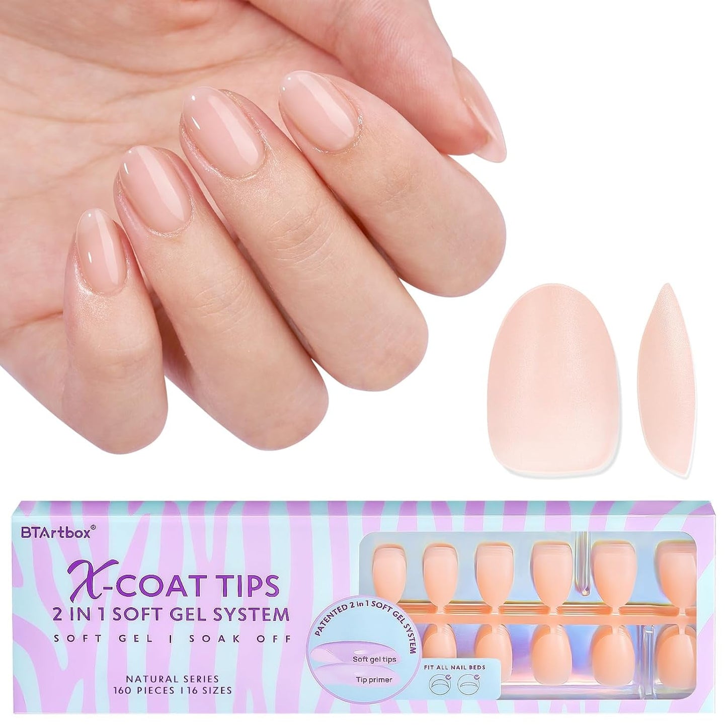 Btartbox Extra Short Soft Gel Negle Fulddækning Mandel Korte neglespidser 160 stk. Præ-designede XCOATTIPS kunstige negle Mandelkorte neglespidser til negleforlængelser