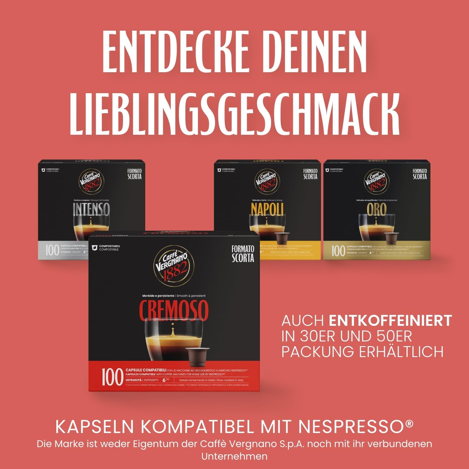 Caffè Vergnano 1882 - Èspresso komposterbar Kaffeekapsel, kompatibel med Nespresso, Cremoso (cremet) - Packung Enthälts 100 Kapseln