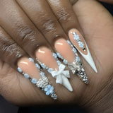 Moonglow Lange Negle Stiletto Mælkehvid Pink Gradient Glitter Cool falske negle med lim Pink Ombre Glitter Kunstige negle