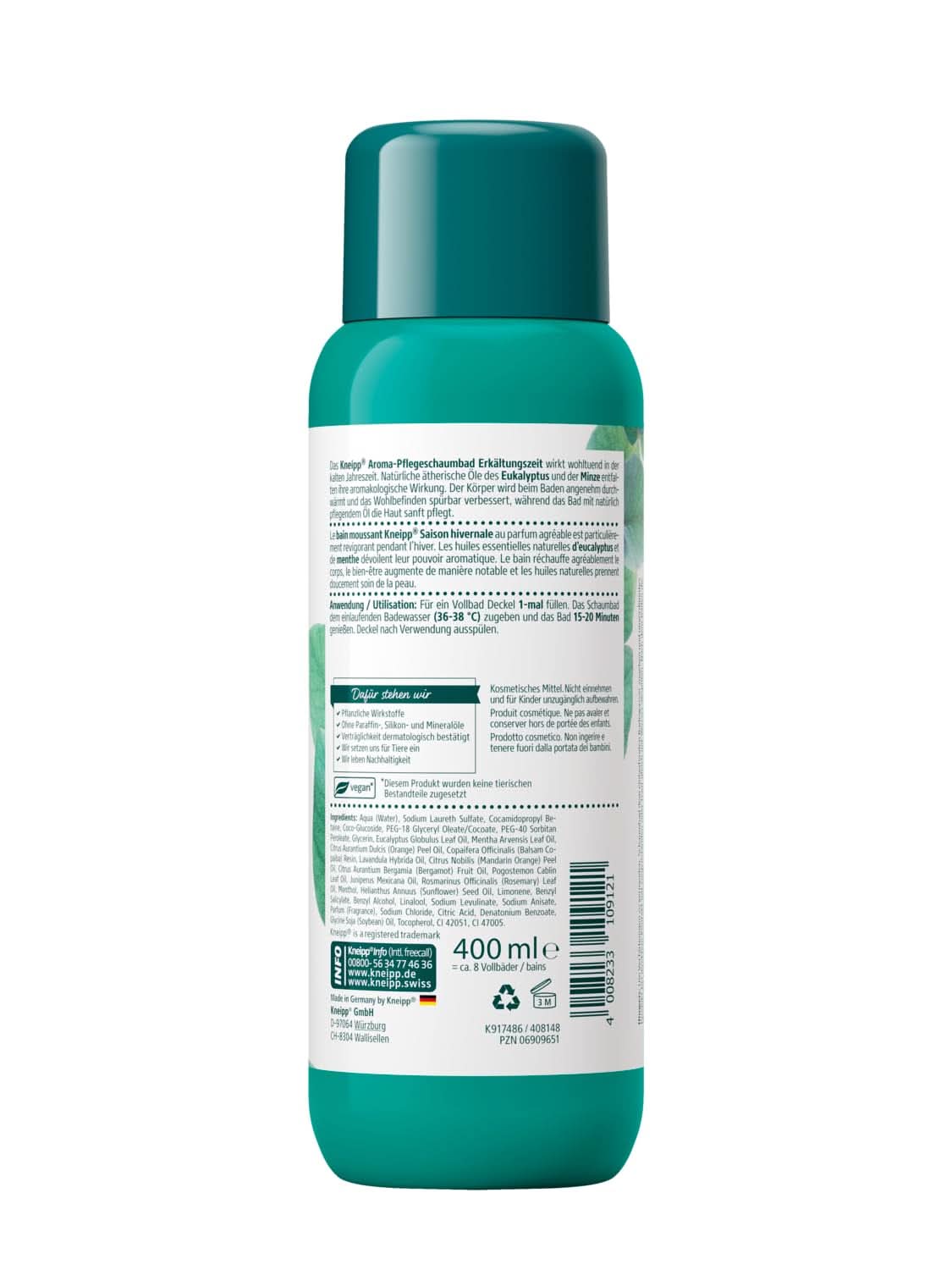 Kneipp Aroma Foam Bath Cold Season, badetilsætning med naturlige æteriske olier af eukalyptus og mynte, 400 ml Brusebad og bad Naty Shop
