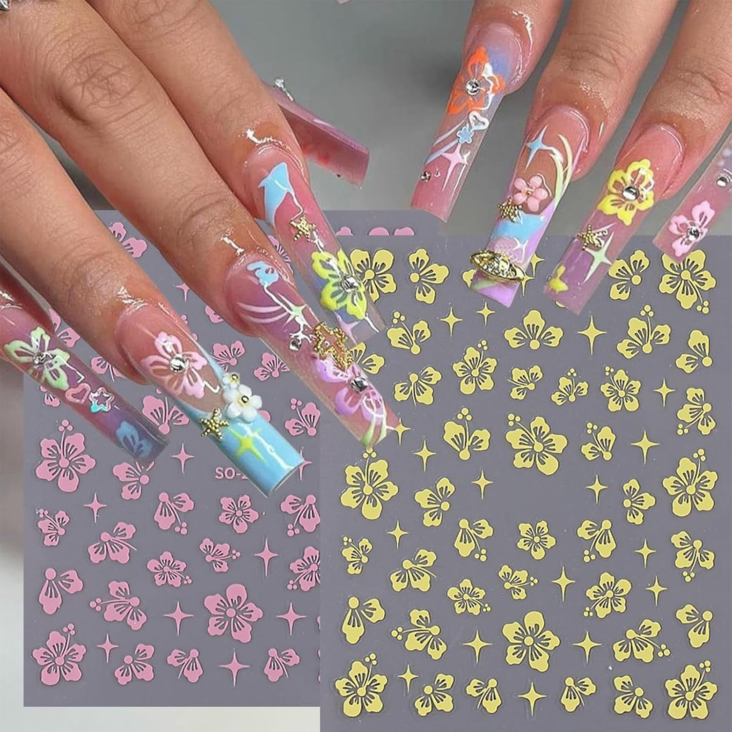8 Stück Hibiskus Nagelsticker, 3D Selbstklebende Blumen Nagelaufkleber, Weiß Rosa Gelb Magenta Sommer Neonail Sticker, Nail Art Tilbehør Nagel Deko Für Frauen