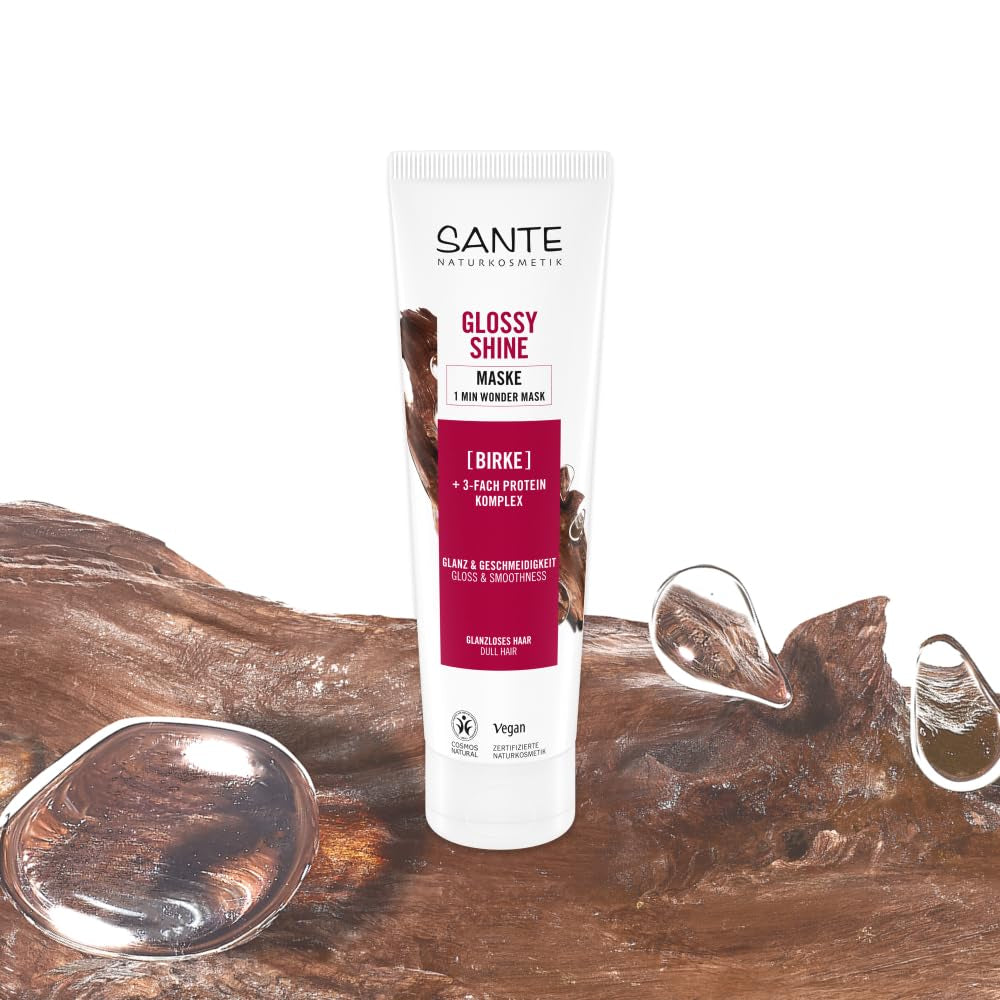 SANTE Naturkosmetik Glossy Shine Mask økologisk birkebladsekstrakt + 3x proteinkompleks, silikonefri og fugtgivende hårmaske, vegansk hårpleje for mere glans og smidighed, 150 ml Naty Shop Hair Mask