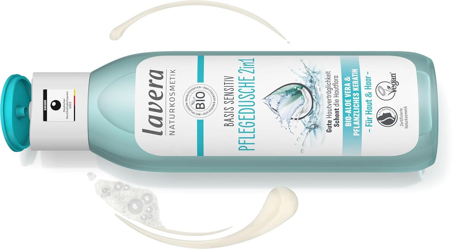 Lavera Care Basis Sensitiv 2 i 1, Shampoo og shower gel med økologisk aloe vera og vegetabilsk keratin, 250 ml Brusebad og bad Naty Shop