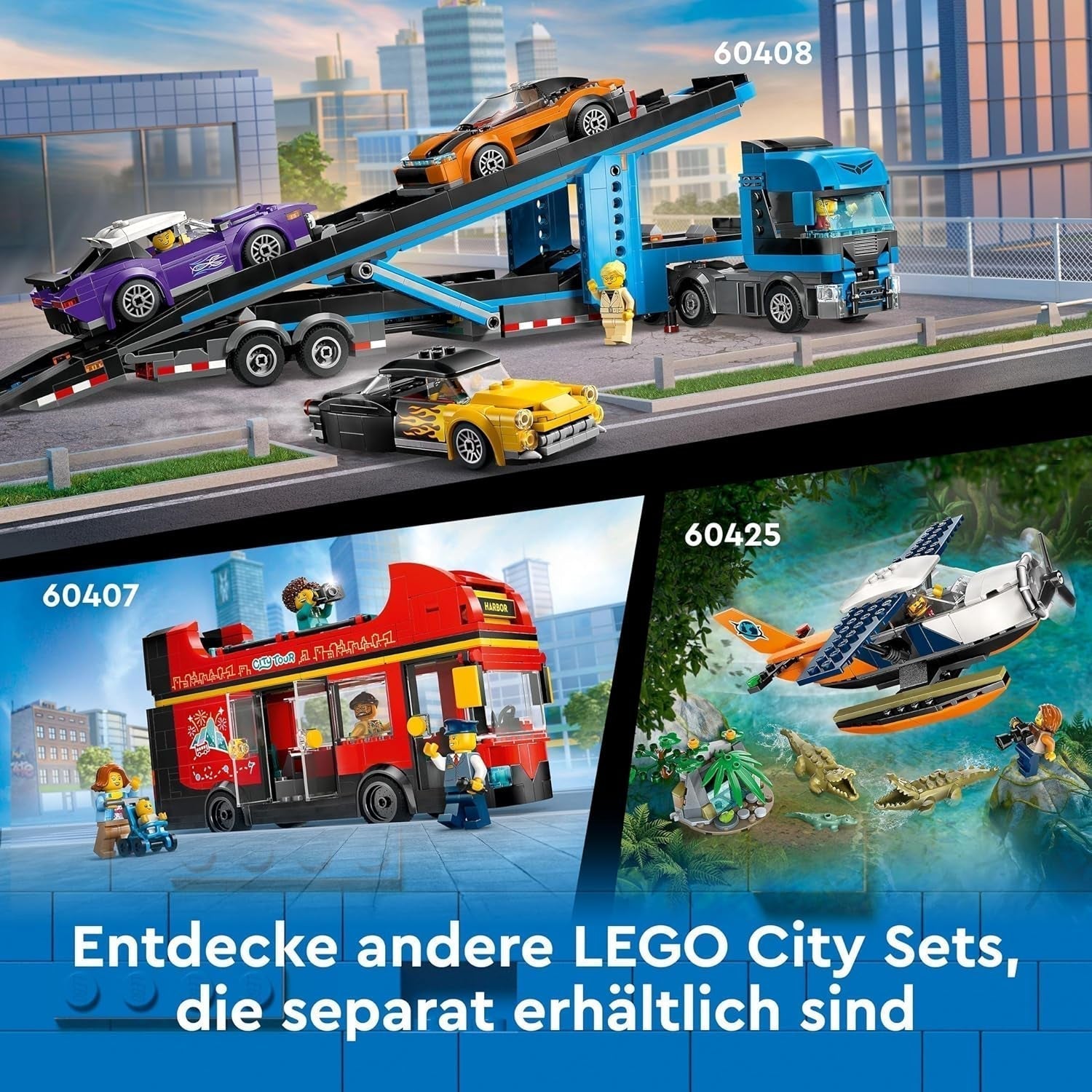 LEGO City dobbeltdækkerbus, dobbeltdækker legetøjsbus, køretøjssæt til piger og drenge fra 7 år, indeholder 5 figurer, inklusive en baby i barnevogn 60407 Byggesæt Besuche den LEGO-Store