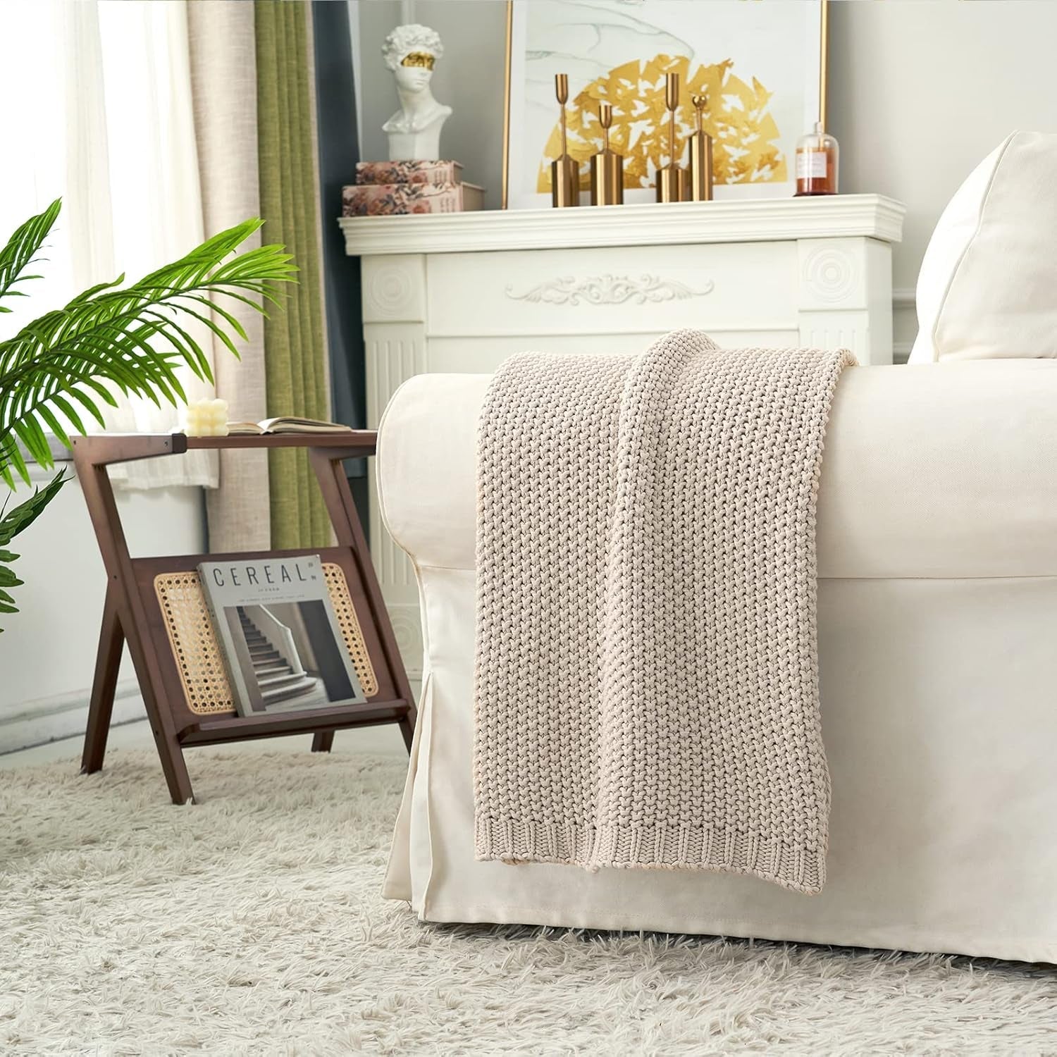 Chunky strik tæppe, Letvægts, Beige, 100% økologisk bomuld, Tæppe til sofa, sofa, seng, barn, børneværelse, Rustik, Shabby chic, Moderne bondehus, 152,4 X 203,2 cm, Inklusiv vaskepose Senge og tæpper Longhui sengetøj