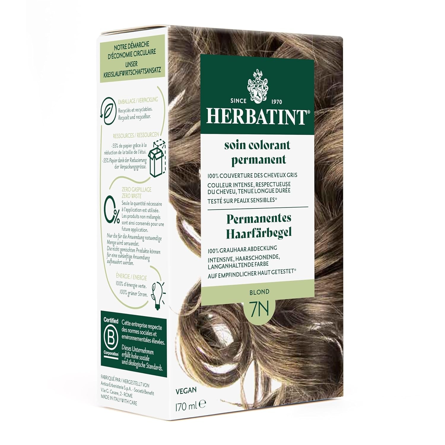 Permanent hårfarvningsgel 6N mørkeblond - 170 ml I Ammoniakfri, 100% dækning af gråt hår I Testet på følsom hud, med 8 planteekstrakter Hårfarve Naty Shop 7N Blond